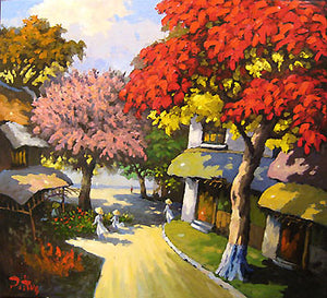 Street with red tree