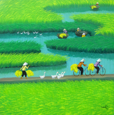 Landscape painting of rice patty in North Vietnam