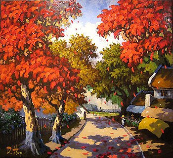 Street with red tree